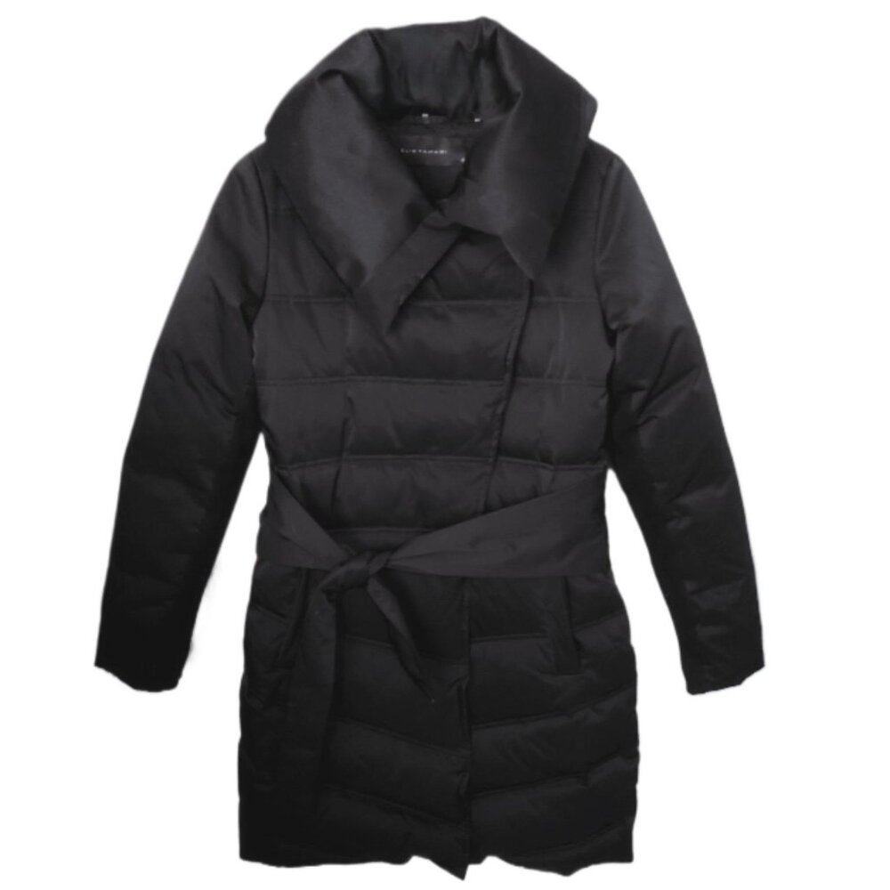 Elie Tahari Black Quilted Belted Puffer Coat with Oversized Collar